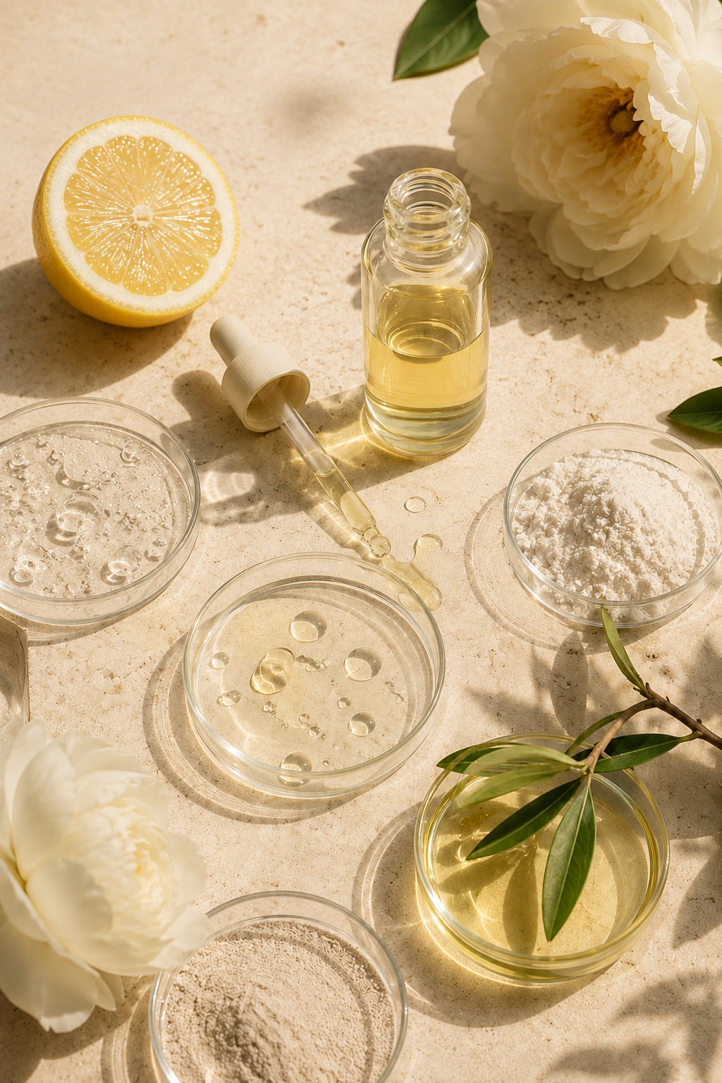 Composition éditoriale d'ingrédients cosmétiques pour un teint uniforme : vitamine C, poudres d'actifs, huiles végétales, textures de sérum et citron, illustrant les actifs essentiels contre les taches pigmentaires et le teint terne.