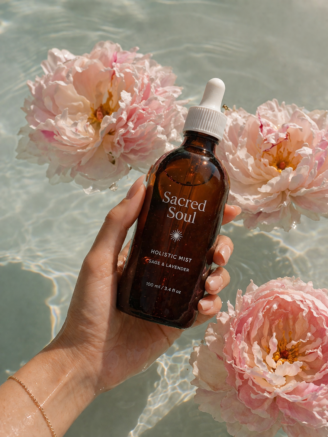 flacon de soin naturel Sacred Soul tenu dans une eau claire avec pivoines roses, illustrant une clean beauty sensorielle et une nouvelle façon de choisir des cosmétiques plus sains