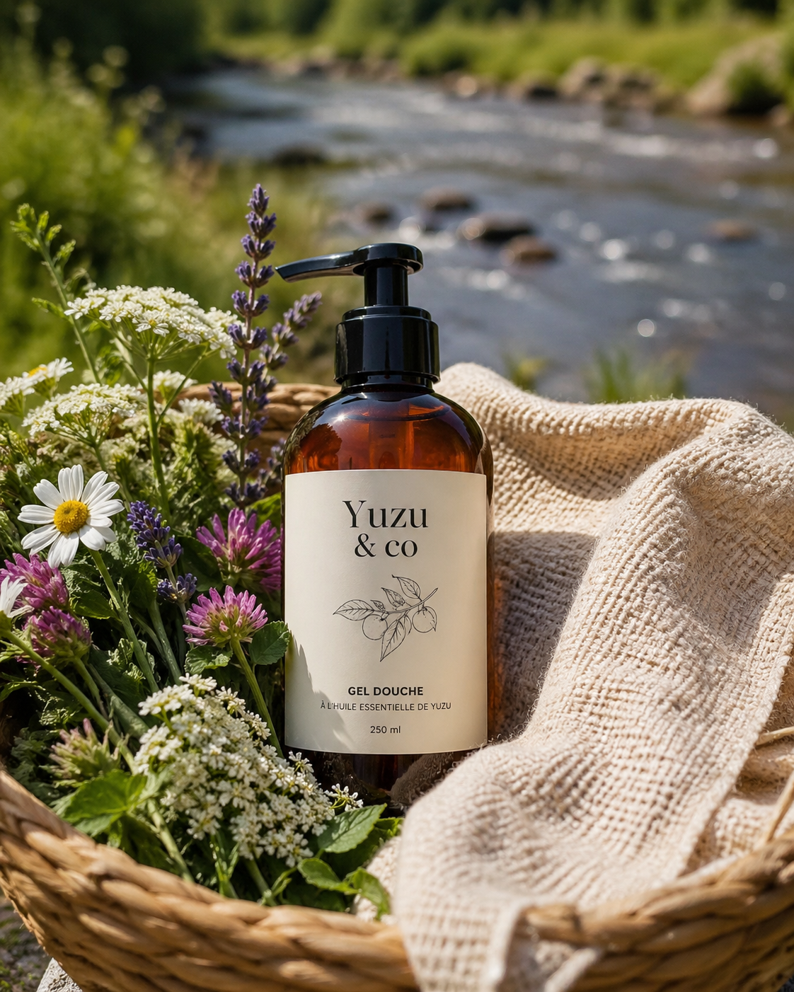gel douche naturel Yuzu and co aux fleurs sauvages posé dans un panier avec tissu en lin près d’une rivière, illustrant une routine clean beauty inspirée de la nature et respectueuse de la peau
