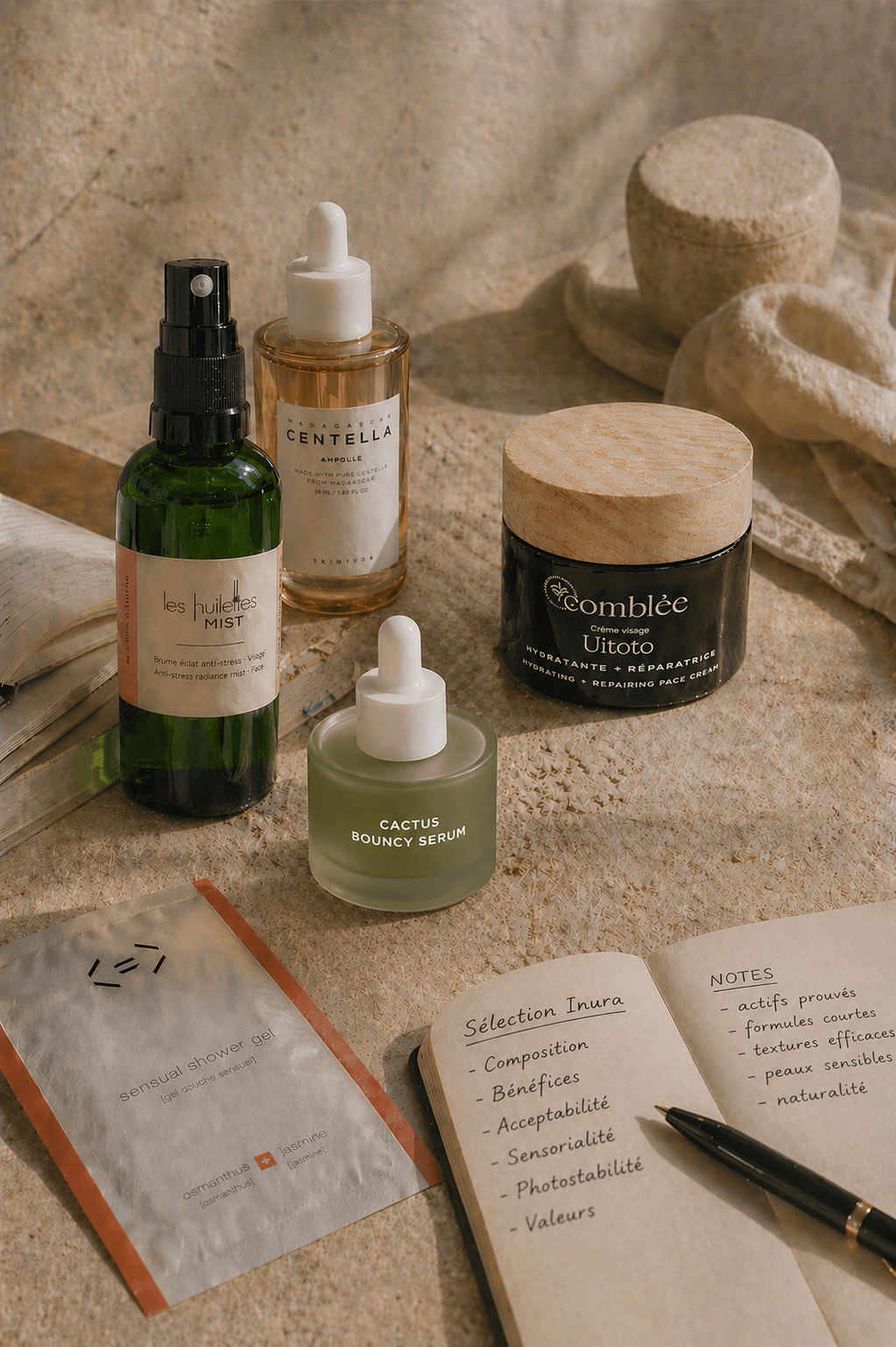 sélection de produits clean beauty Inura avec sérums et crème visage posés sur pierre naturelle, carnet ouvert montrant une analyse de composition et de critères de sélection