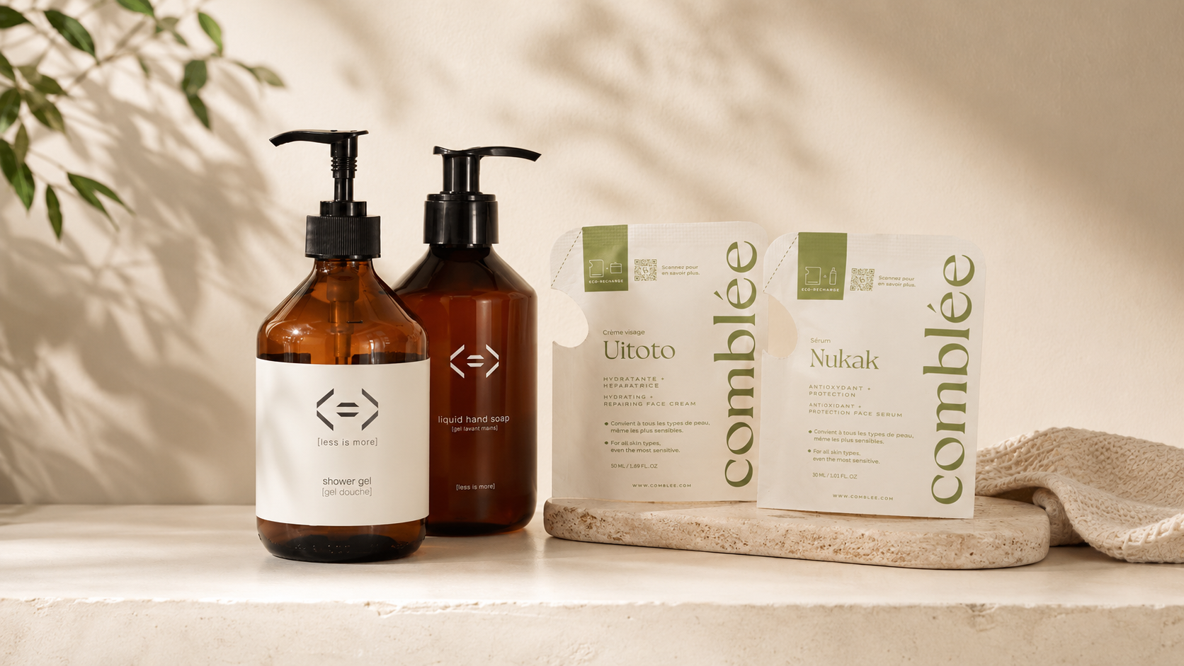 Bannière Inura présentant des soins clean rechargeables, flacons à remplir et recharges beauté sur fond beige minimaliste.