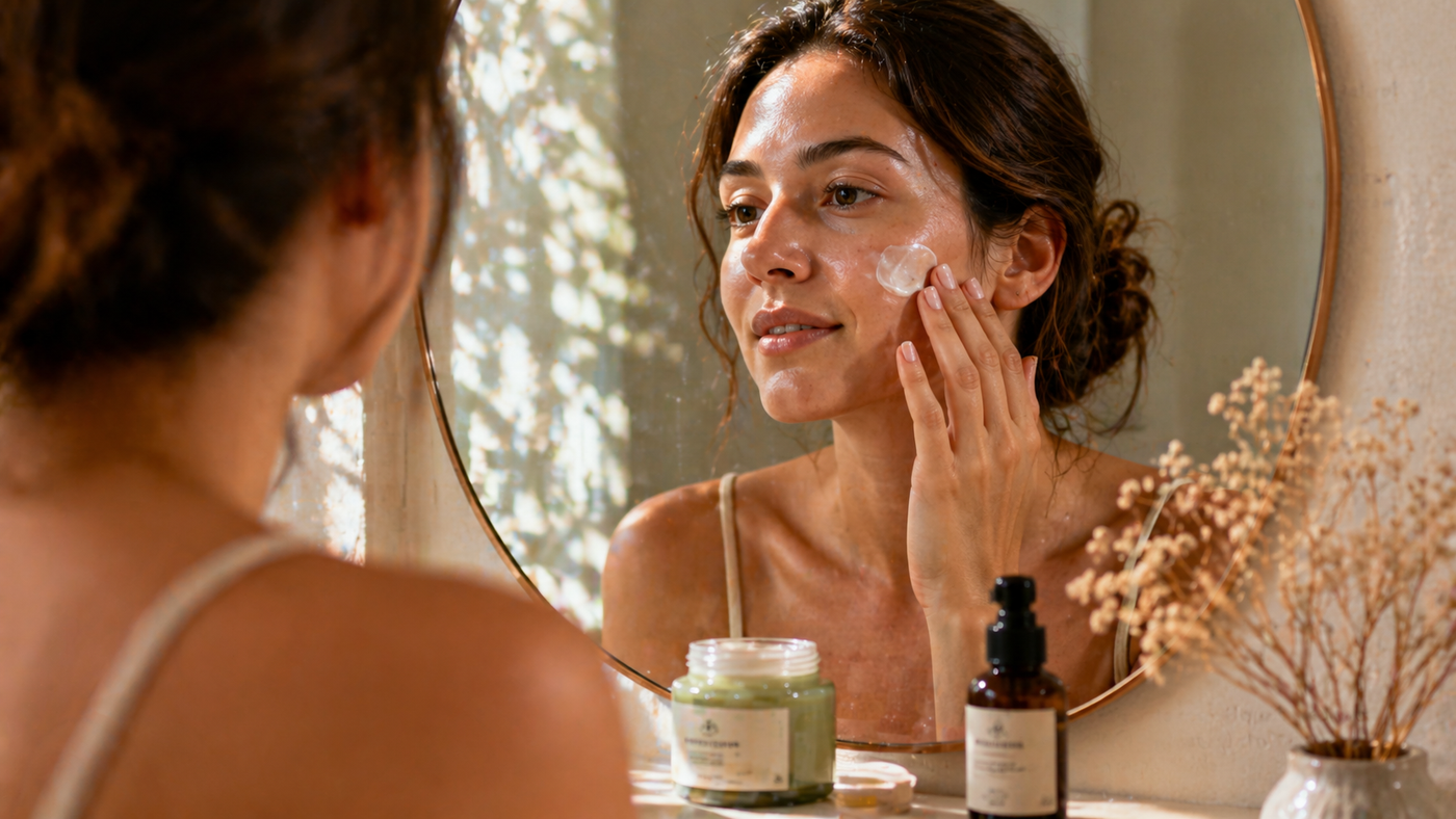 femme appliquant creme visage bio devant miroir routine skincare naturelle peau lumineuse soin clean beauty hydratation visage cosmétique bio