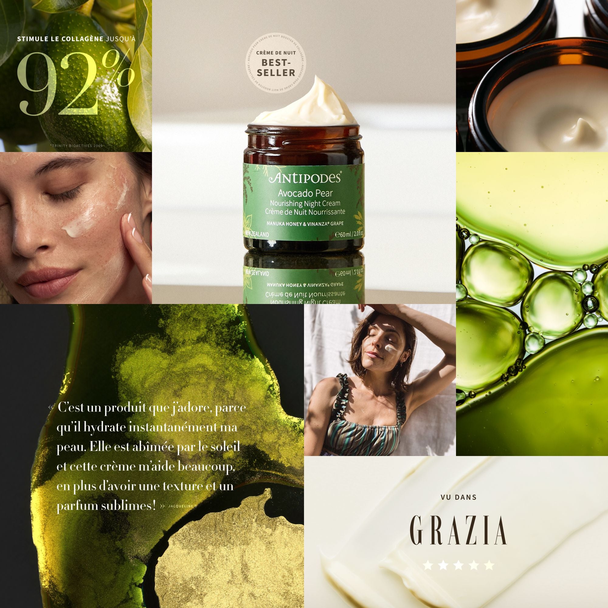 Visuel teaser Antipodes Avocado Pear Collagen-Boosting Night Cream, crème de nuit nourrissante à l’avocat pour peau en manque de confort.