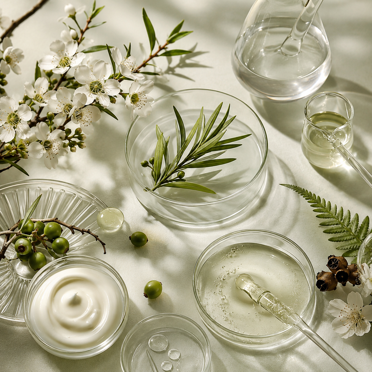 Plantes et ingrédients naturels mis en scène pour évoquer les botaniques néo-zélandaises et les bioactifs d’Antipodes.