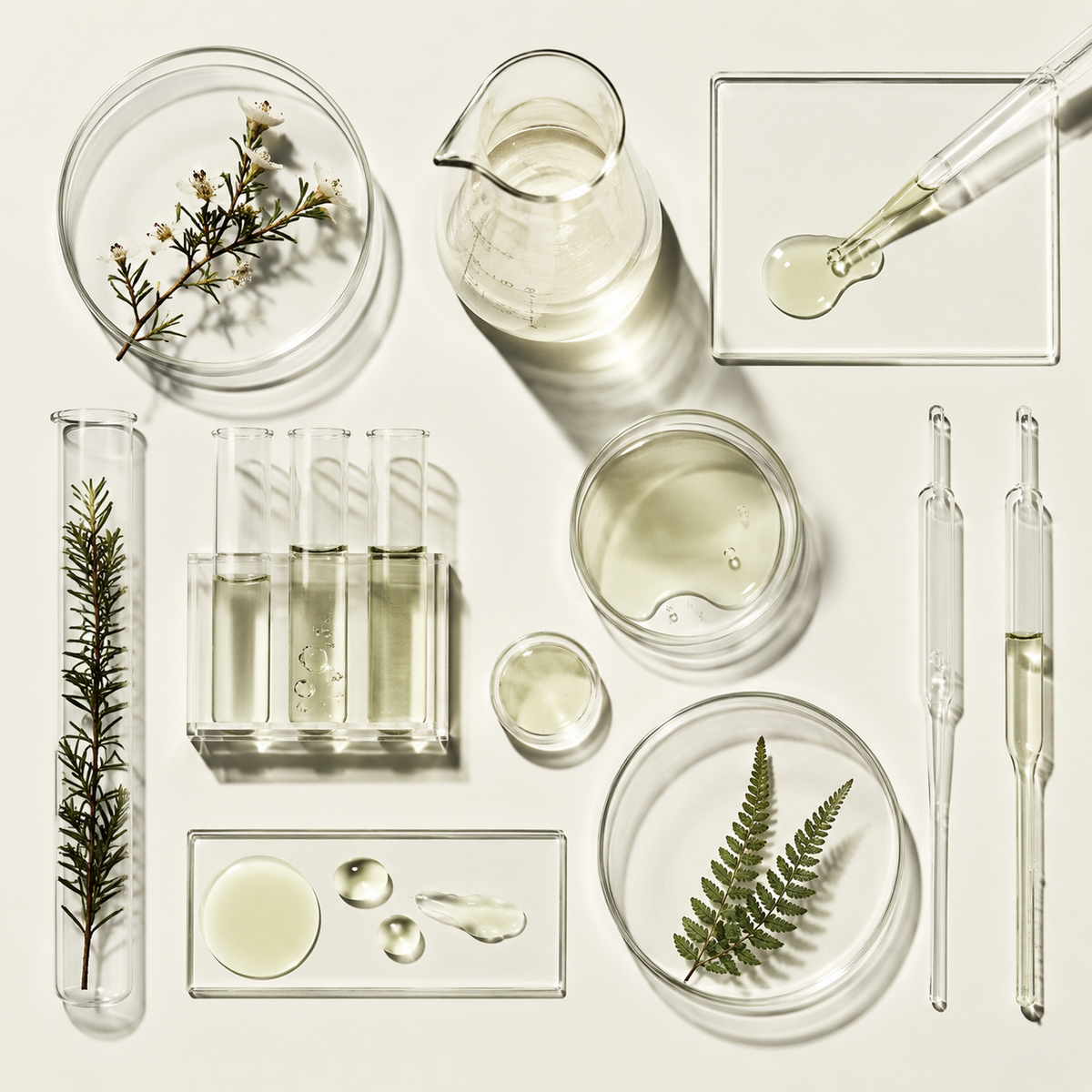 Verrerie élégante et éléments botaniques mis en scène pour évoquer l’alliance entre science et naturalité chez Antipodes.