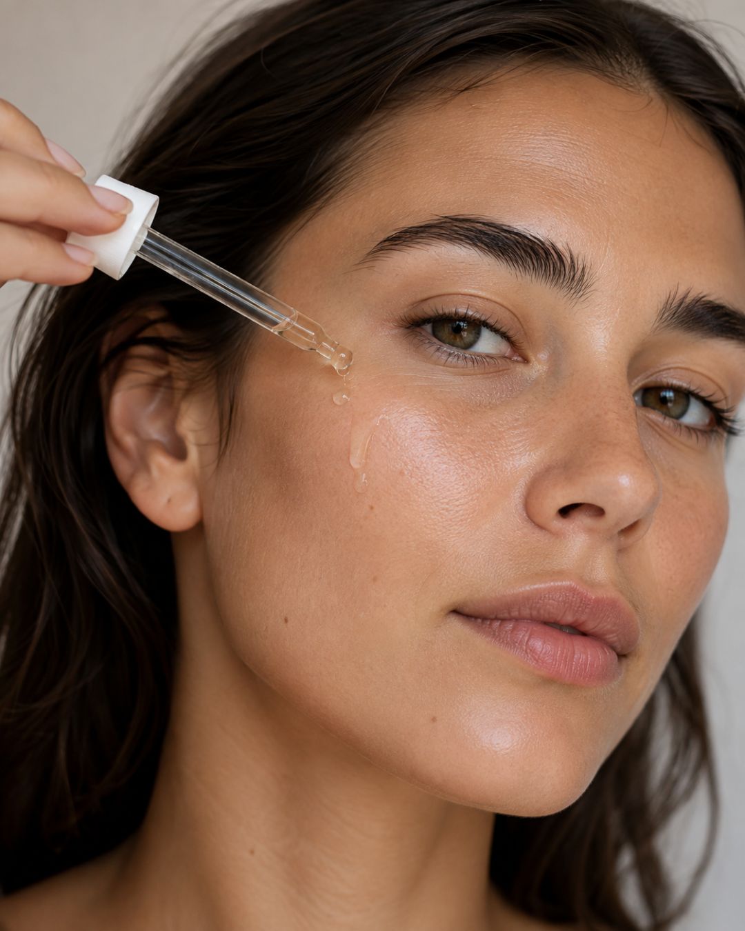 Femme appliquant un sérum à la niacinamide pour atténuer les marques et unifier le teint