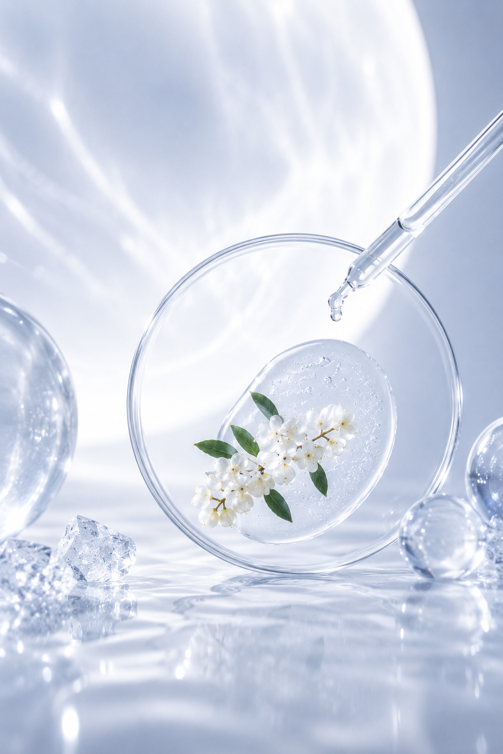 Fiole de sérum à l’arbutine dans une mise en scène lumineuse et lactée inspirée de Chang’e, avec verre transparent, fleurs blanches et lumière froide pour illustrer un rituel teint uniforme.