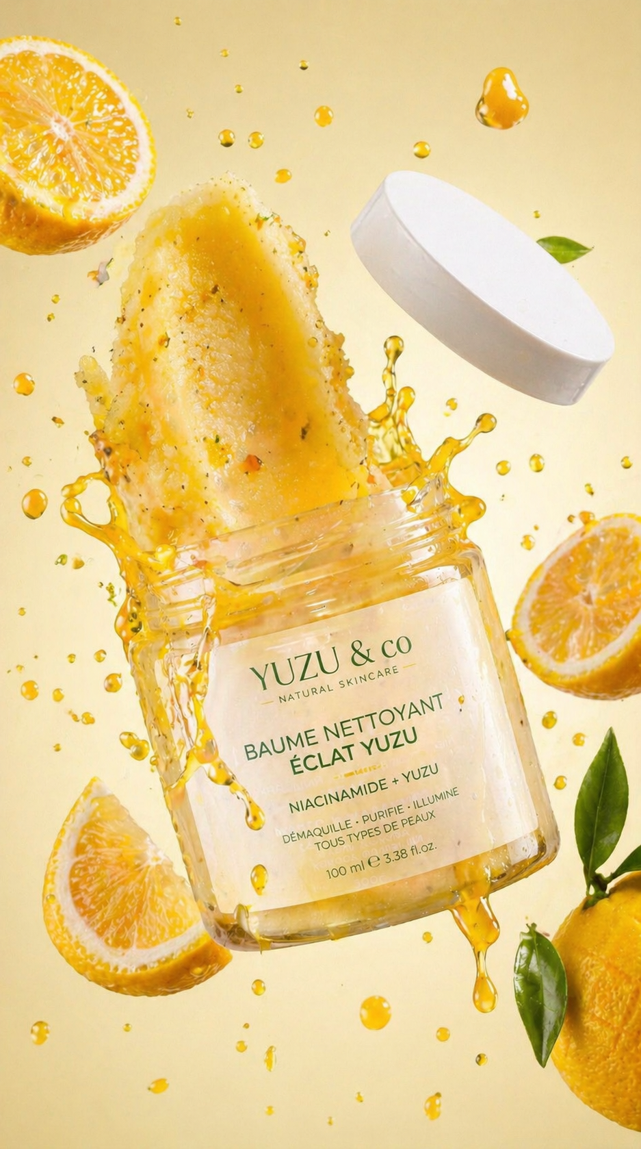 baume nettoyant au niacinamide et yuzu avec texture fondante et éclatante, illustrant un soin visage qui purifie et illumine la peau