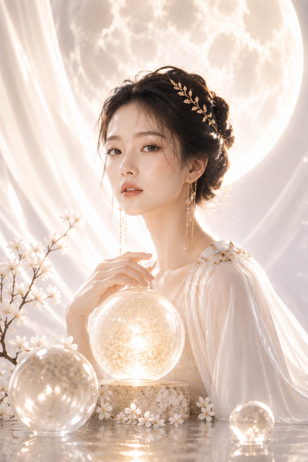 Portrait lumineux de la déesse Chang’e dans une ambiance dorée et céleste avec sphères de verre et fleurs blanches, illustrant l’éclat et l’uniformité du teint.