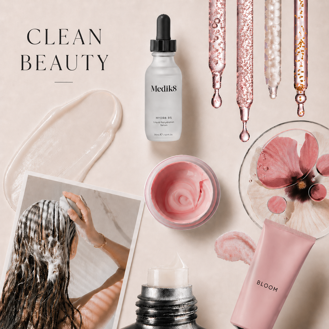 Flatlay de produits skincare clean beauty avec textures, pipettes et packagings minimalistes sur fond neutre