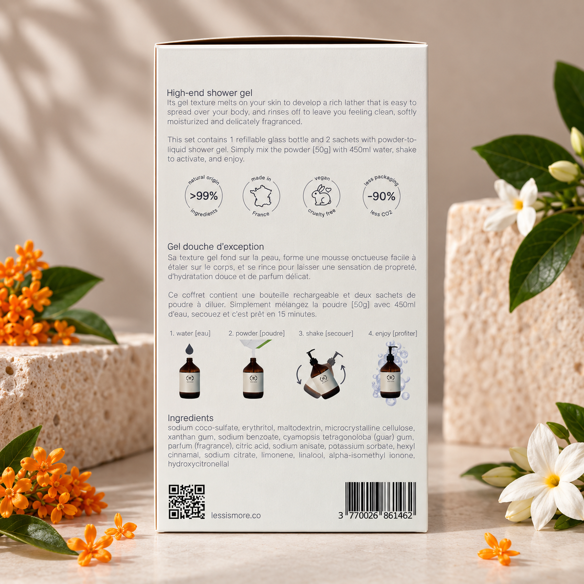 Dos du coffret Prestige Less is More Osmanthus et Jasmin avec composition et conseils de préparation
