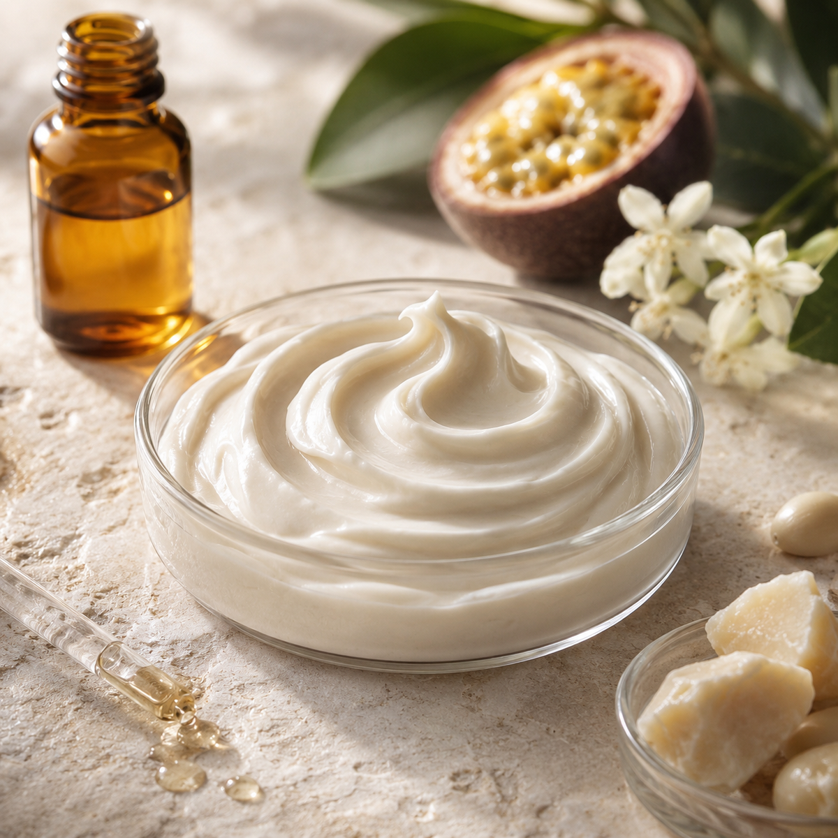 Texture de soin mise en scène de façon épurée pour évoquer l’alliance entre science cosmétique et botanique.