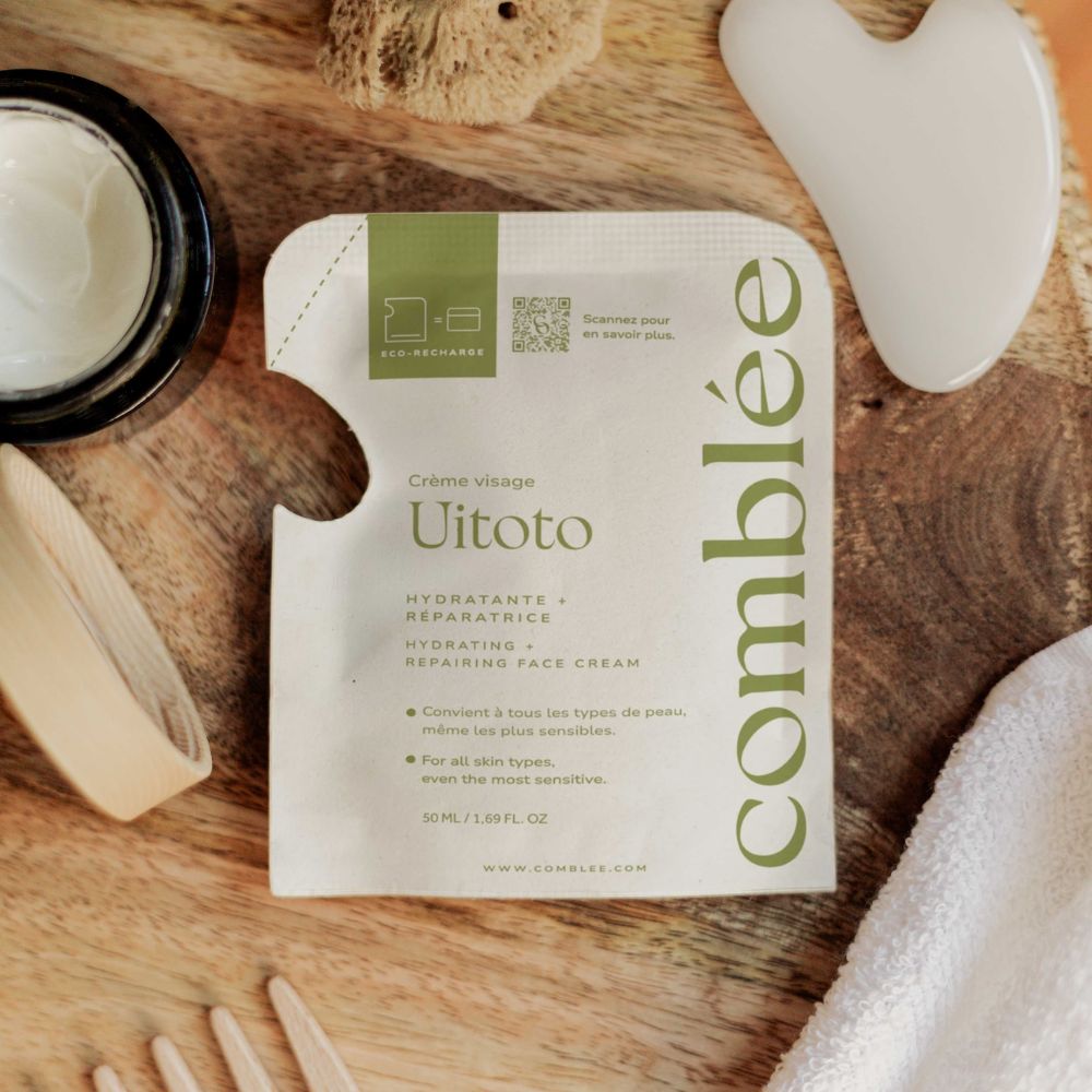 Recharge de la crème visage Uitoto Comblée avec pot rechargeable, soin hydratant pour peau sensible et réactive.