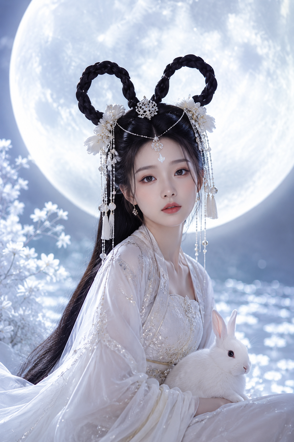 Portrait éditorial de Chang’e devant une lune géante, dans des tons bleutés et nacrés, accompagnée de son lapin blanc pour représenter le rituel teint uniforme d’Inura.
