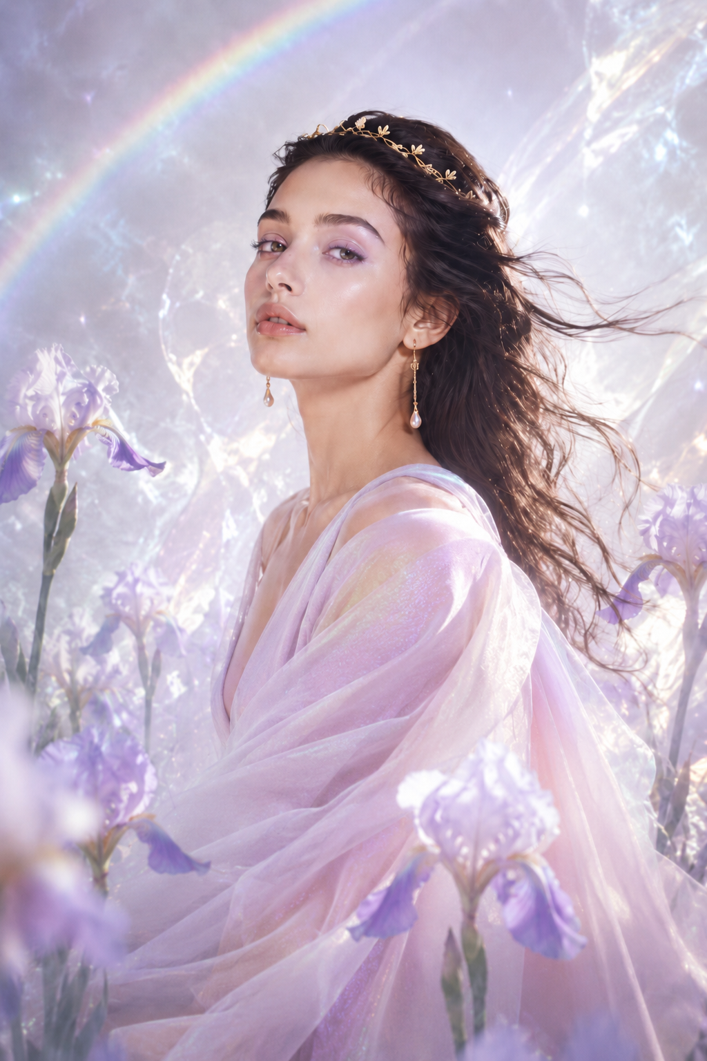 Portrait éditorial de la déesse Iris dans un jardin d’iris pastel, vêtue d’un voile en tissu chatoyant, avec lumière irisée et arc-en-ciel subtil pour incarner le rituel double nettoyage d’Inura.