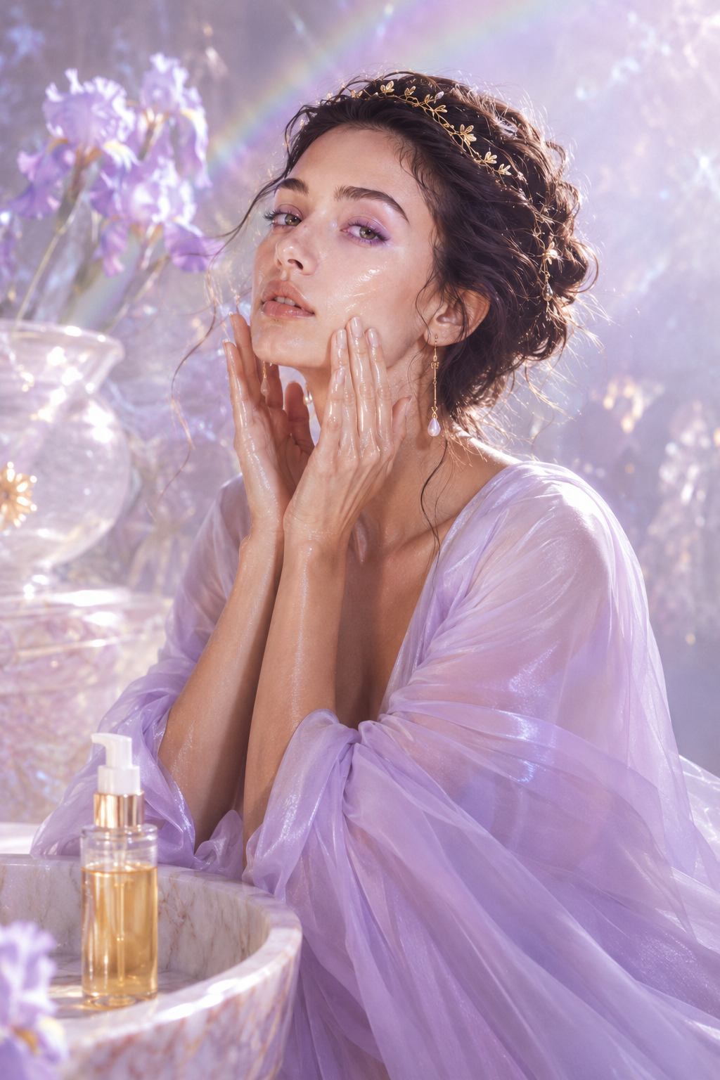 Portrait éditorial de la déesse Iris en train de prendre soin de sa peau, dans une ambiance irisée et lavande, avec flacon de soin, fleurs d’iris et lumière douce pour illustrer le rituel double nettoyage d’Inura.