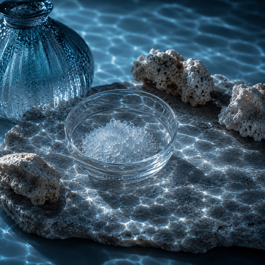 Visuel éditorial autour de l’ectoine avec cristaux translucides, reflets aquatiques et univers skincare premium dédié à l’hydratation et à la protection de la peau