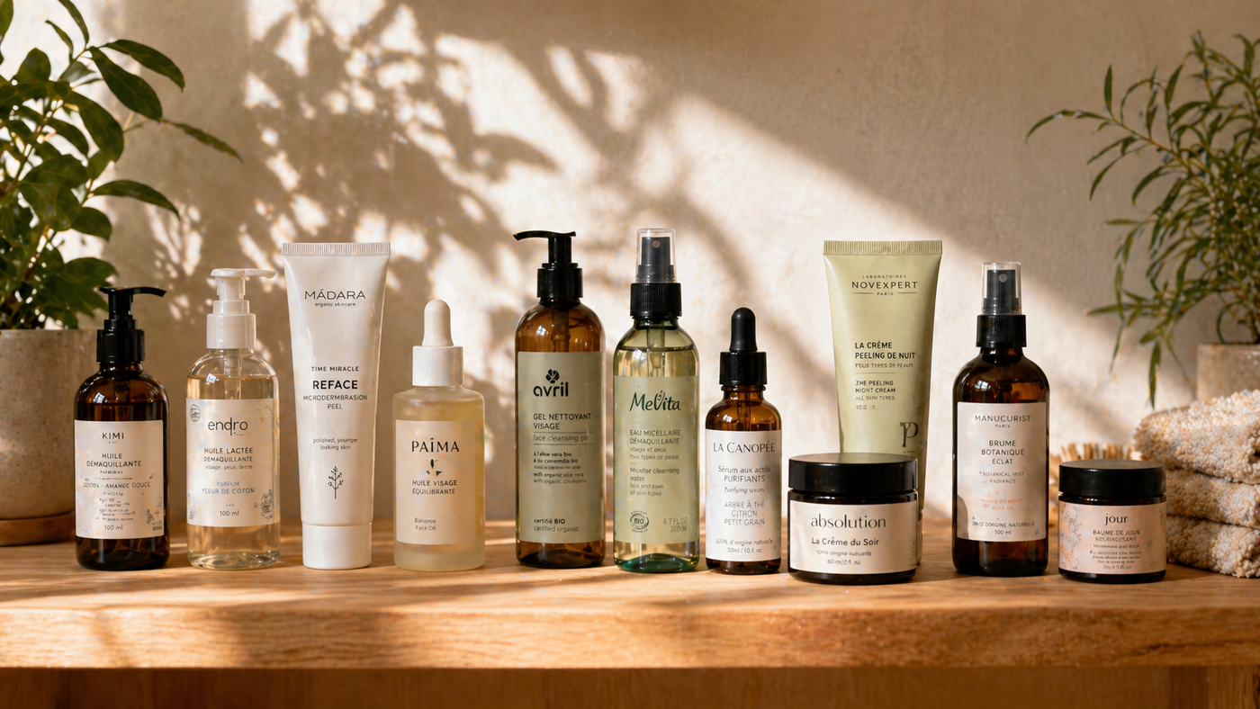 etagere avec produits skincare naturels alignes flacons verre et plastique minimalistes routine clean beauty cosmétique naturelle bio organisation salle de bain esthetique