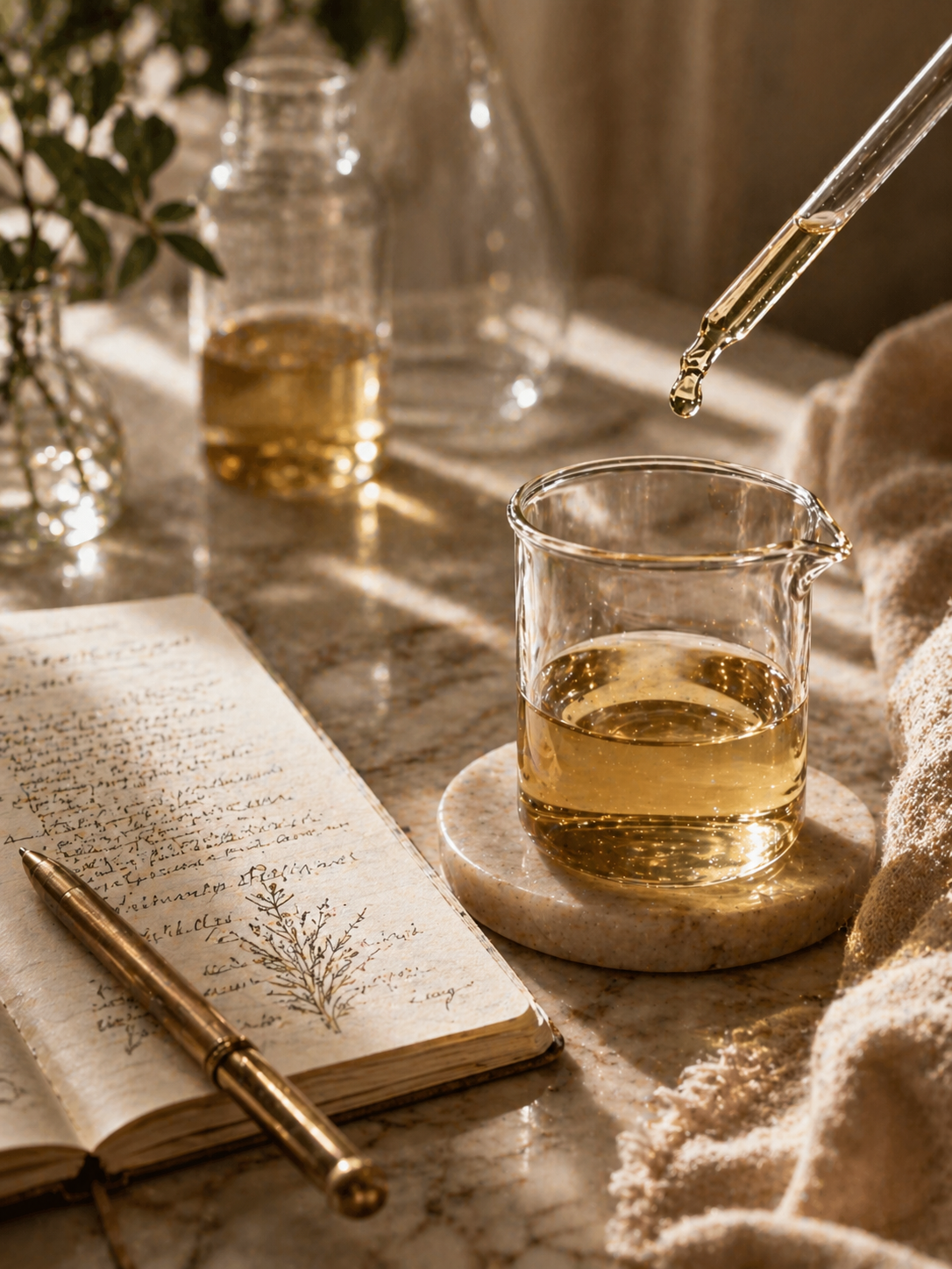 pipette déposant une huile cosmétique dans un bécher en verre, carnet de notes à côté, illustrant la formulation et la compréhension des ingrédients en clean beauty