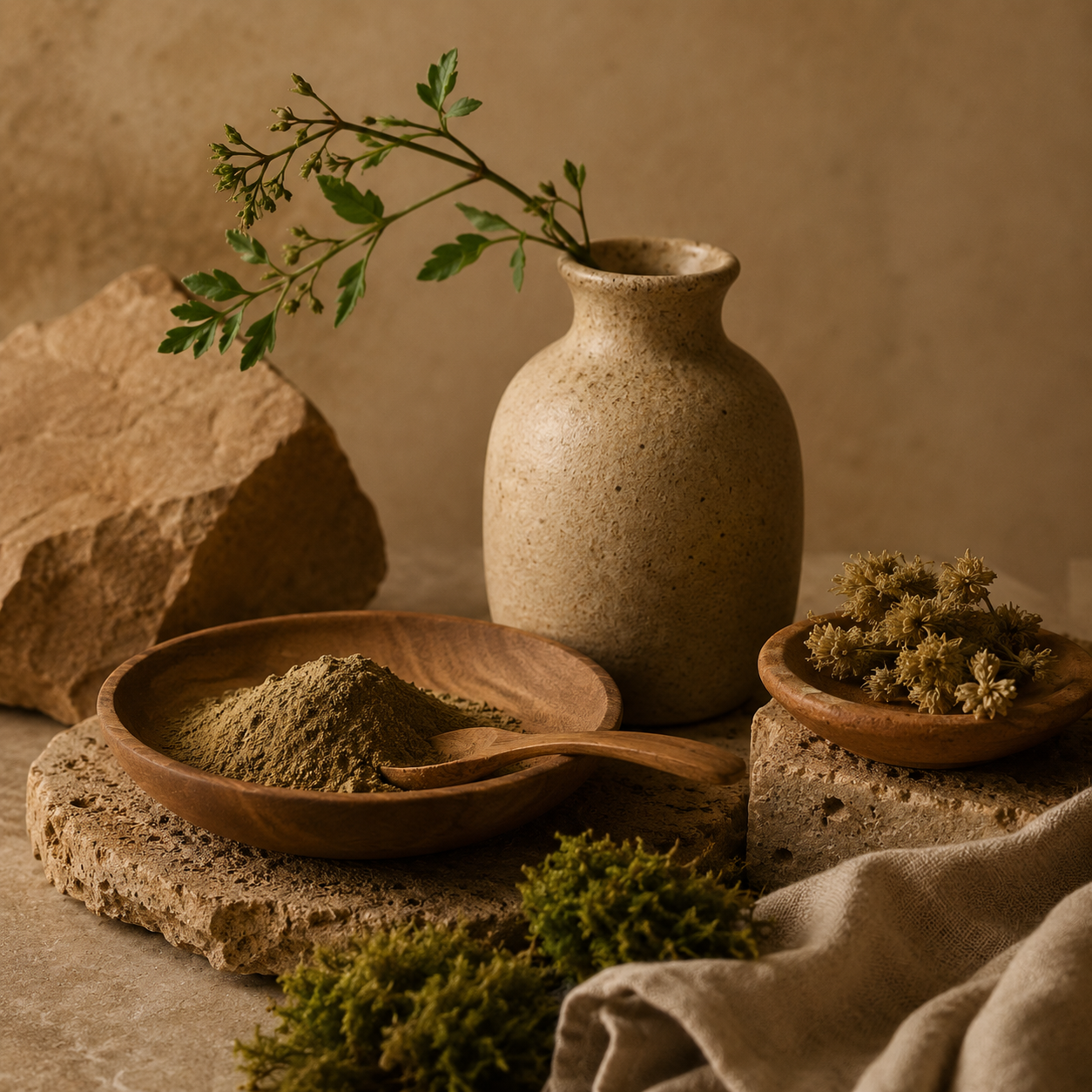 Nature morte aux tons terreux avec argile, bois, pierre, céramique et touches végétales, visuel d’ambiance du rituel confort Gaïa.