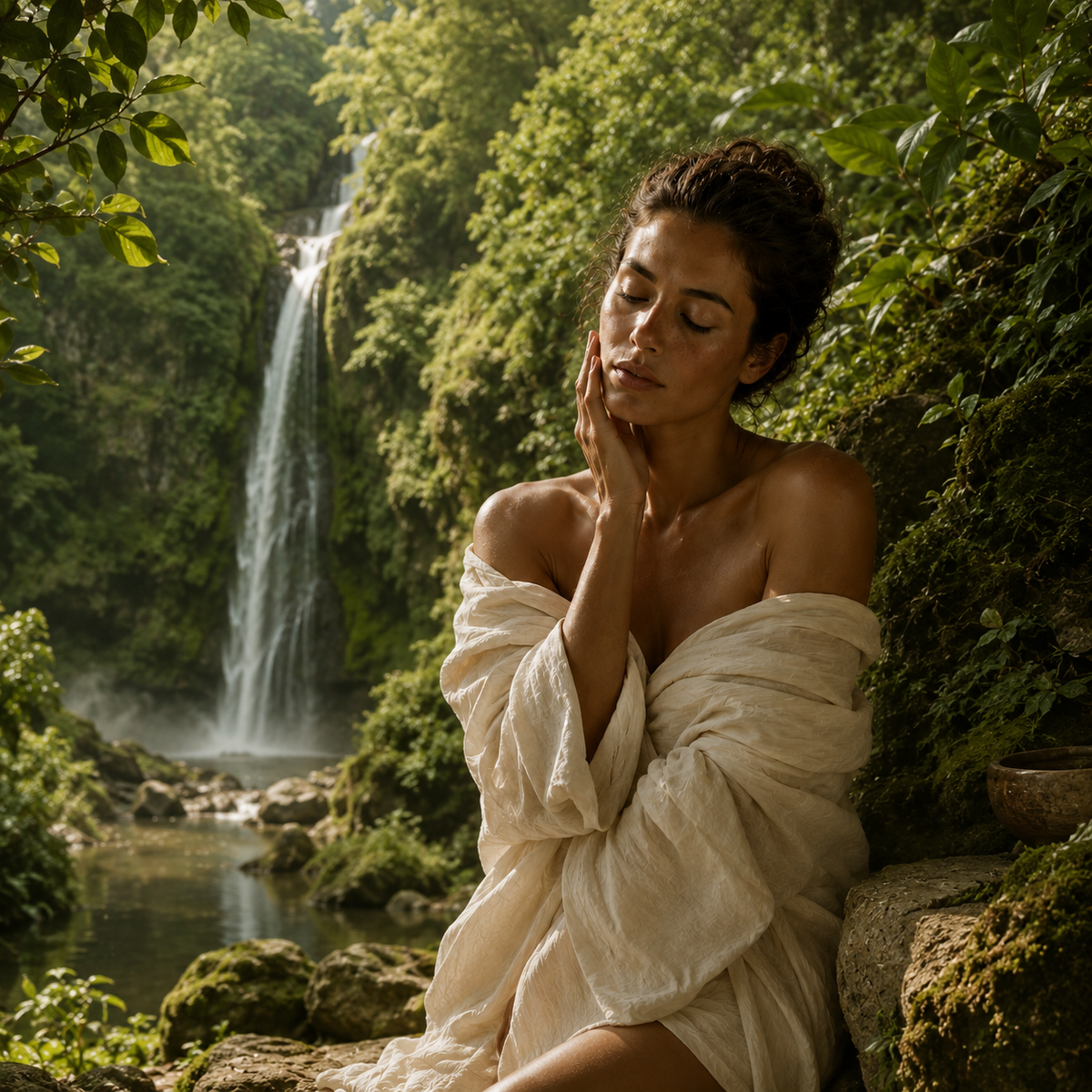 Gaïa dans une ambiance terreuse et végétale, visuel éditorial du rituel confort pour évoquer une peau apaisée, stabilisée et réconfortée.