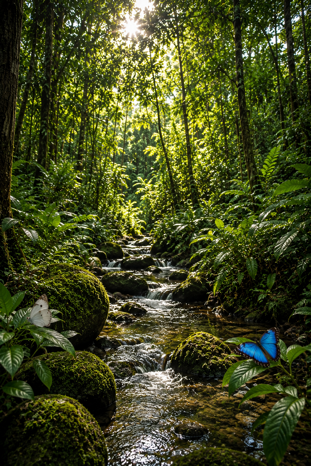 Forêt luxuriante traversée par un ruisseau au cœur d’une végétation dense, avec un papillon bleu et un papillon blanc inspirés de Madagascar, pour le rituel Gaïa d’Inura autour du confort et de la terre nourricière.