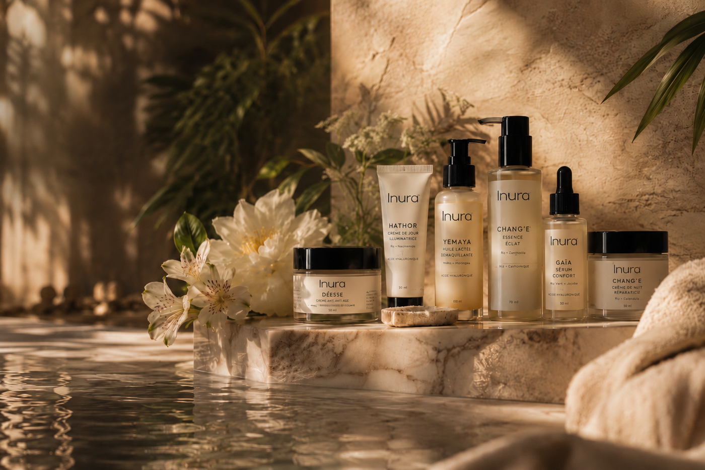 Photo hero éditoriale de la page Rituels Inura, avec soins visage et corps sur un décor spa luxueux baigné de lumière chaude, illustrant l’univers beauté clean, sensoriel et premium d’Inura.
