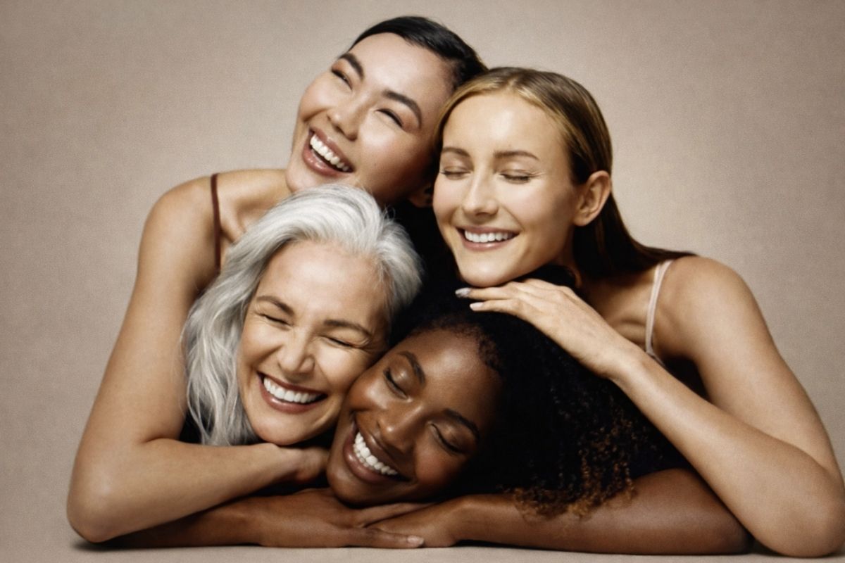 Portrait edito de quatre femmes souriantes de nationalités différentes