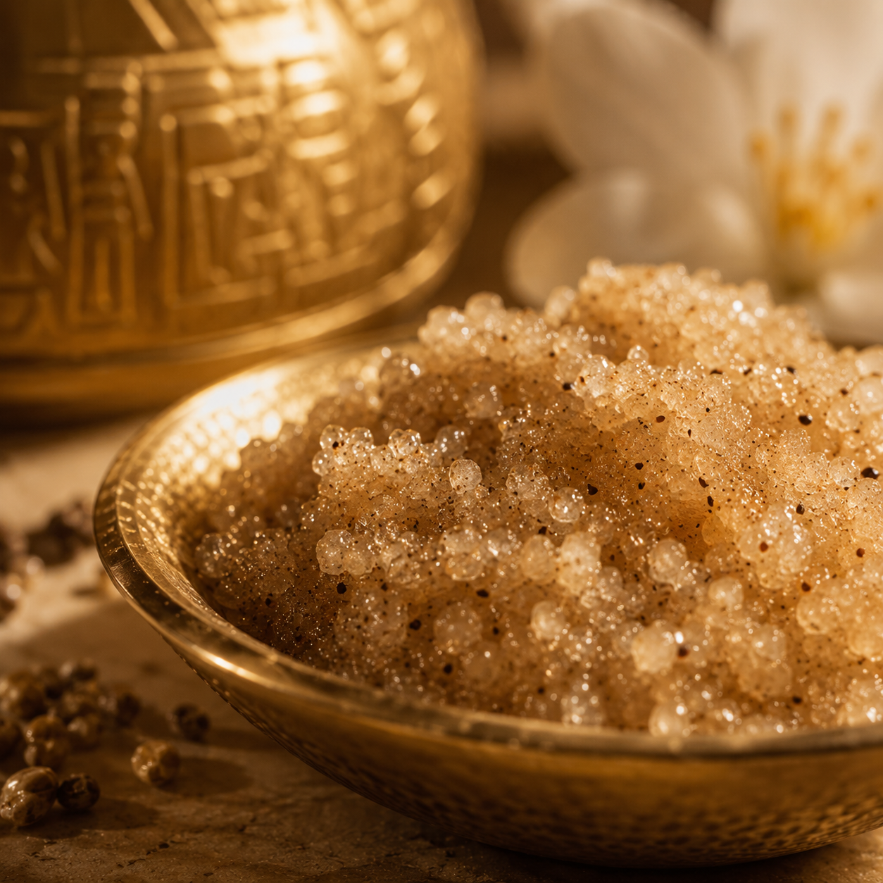 Gros plan sur une texture exfoliante aux grains fins dans une coupelle dorée, photographiée dans une ambiance chaude et sensorielle
