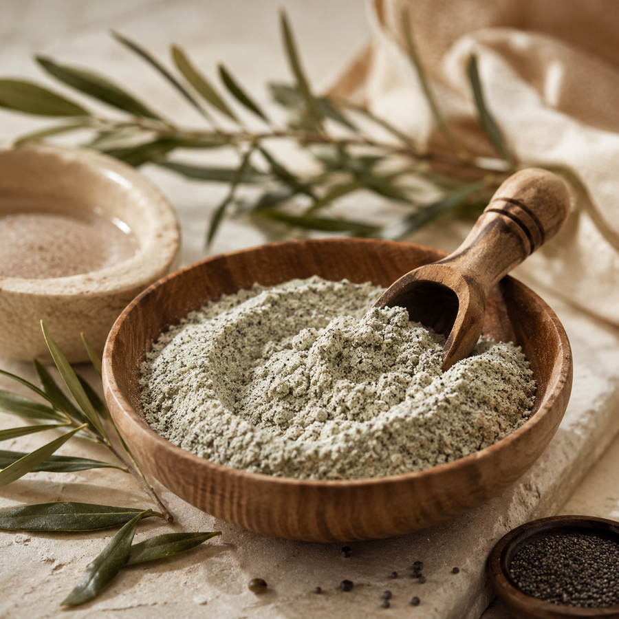 Poudre exfoliante minérale dans un bol en bois avec cuillère naturelle, photographiée dans une ambiance douce aux tons beige et vert olive