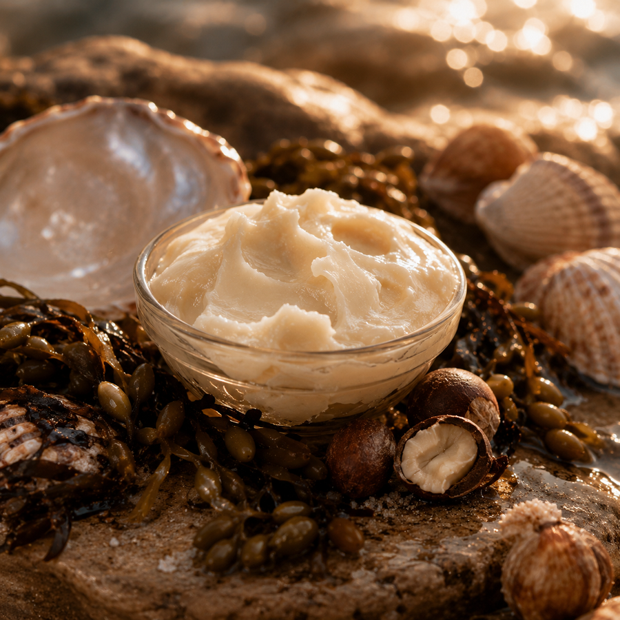 Texture crémeuse inspirée des soins océaniques entourée de coquillages et d’algues dans une ambiance tropicale dorée.
