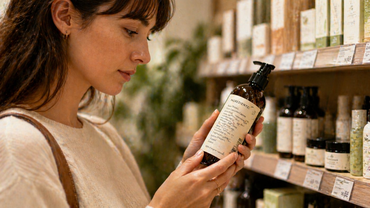 femme lisant etiquette cosmetique ingredients INCI en magasin clean beauty analyse composition soin naturel choix eclaire consommation responsable skincare