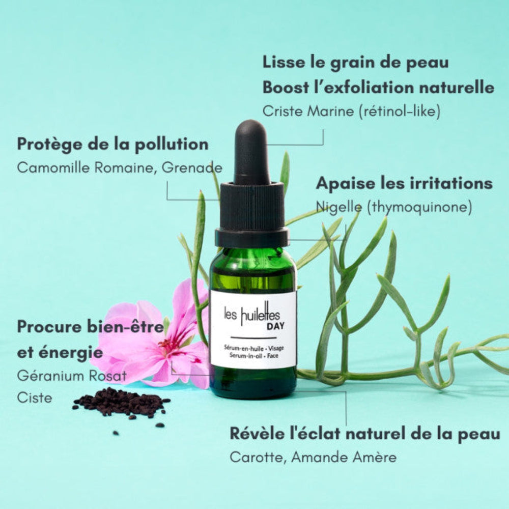 Actifs du sérum DAY Les Huilettes avec criste marine, nigelle, géranium rosat et grenade pour les imperfections.