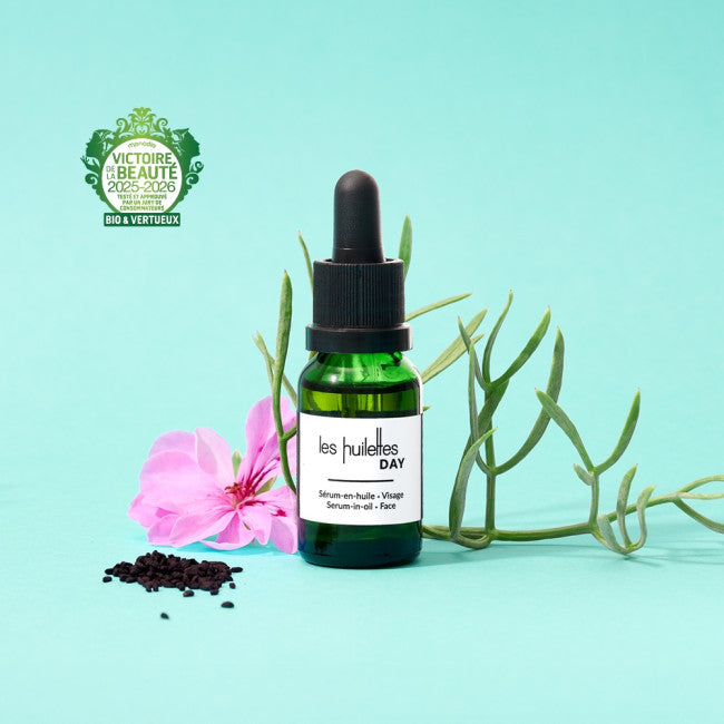 Sérum-huile visage DAY Les Huilettes, soin de jour correcteur pour peau mixte sujette aux imperfections.