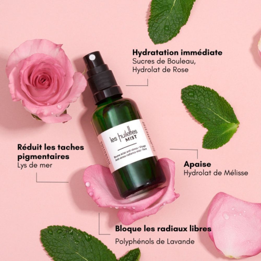 Bénéfices de la brume MIST Les Huilettes, soin visage anti-stress pour hydrater, protéger et révéler l’éclat.