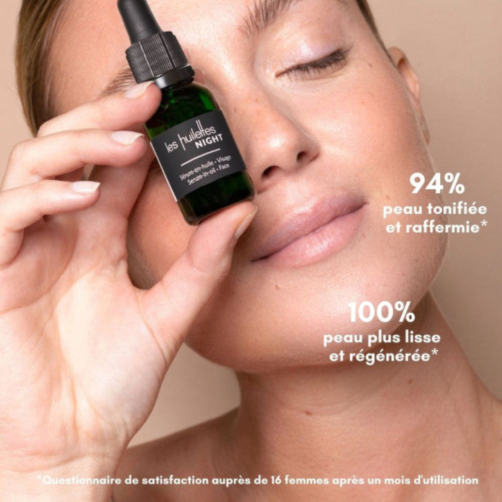 Application du sérum nuit anti-âge NIGHT Les Huilettes, soin visage sensoriel pour la routine du soir.