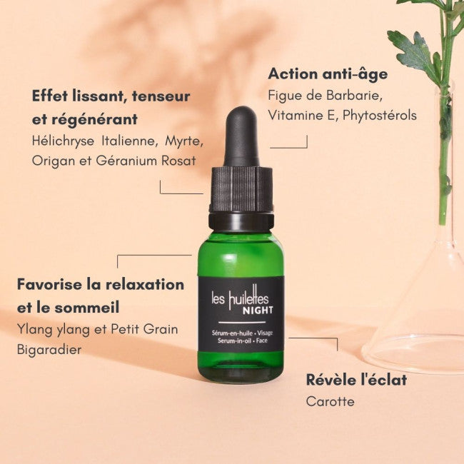 Bénéfices du sérum NIGHT Les Huilettes, soin visage de nuit régénérant, lissant et anti-taches.