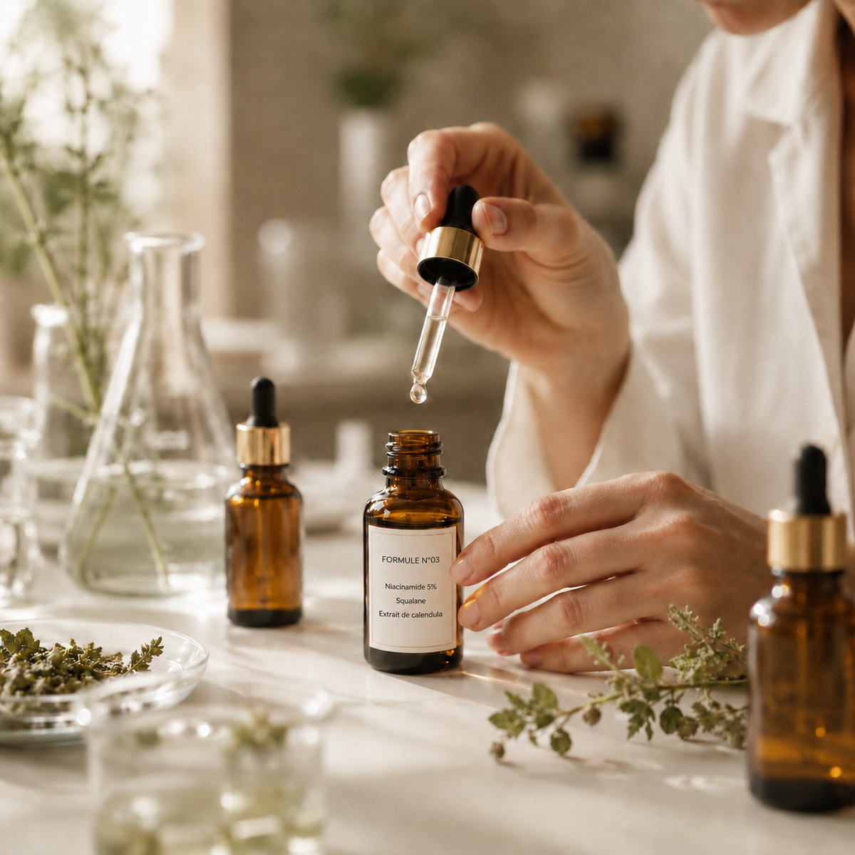Préparation cosmétique en laboratoire avec flacons ambrés, pipette de sérum, étiquette “Formule n°03”, niacinamide, squalane et extrait de calendula, dans une ambiance botanique clean et premium.
