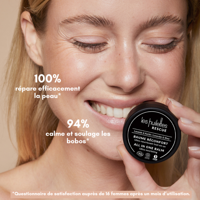 Application du Baume SOS Rescue Les Huilettes, soin apaisant et réparateur pour peau sèche ou inconfortable.