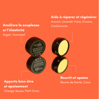 Actifs du Baume SOS Rescue Les Huilettes avec karité, coco et avocat pour nourrir, apaiser et assouplir la peau.