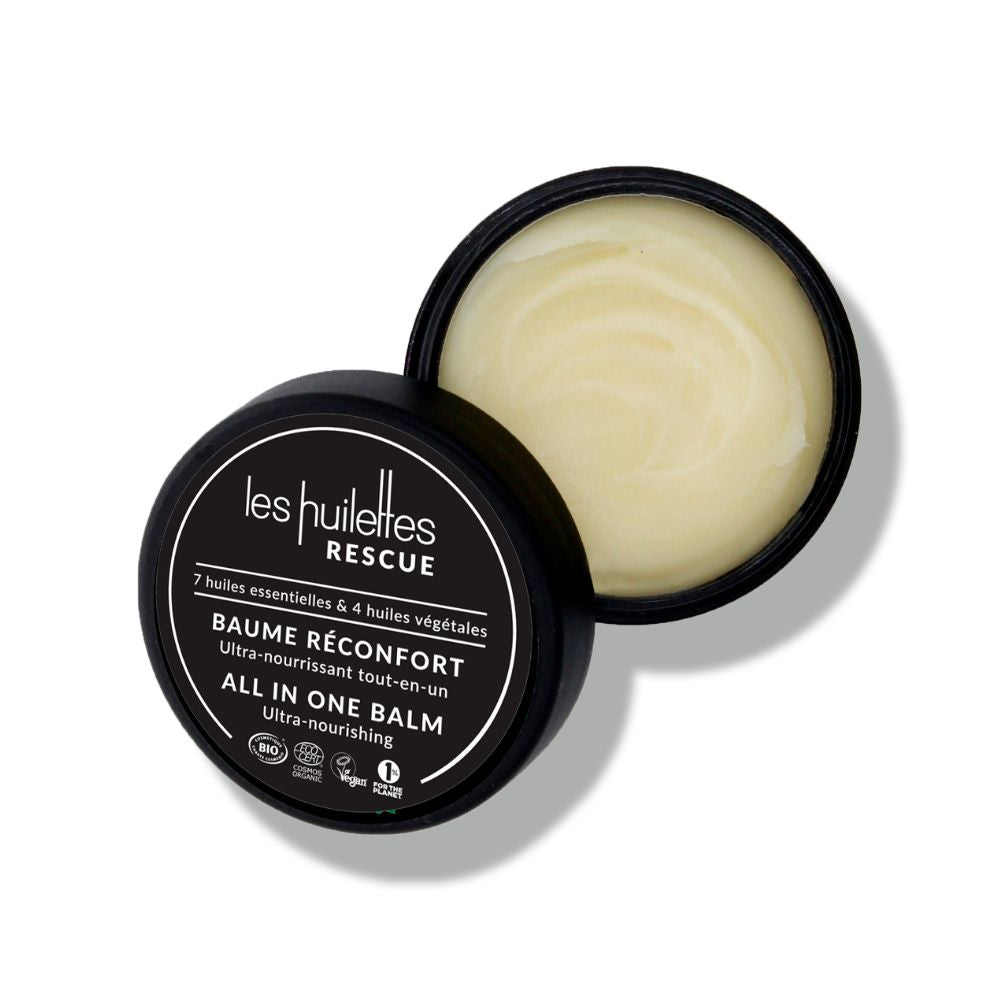 Baume Réconfort Rescue Les Huilettes ouvert, montrant sa texture baume nourrissante
