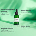 Actifs du sérum SENSITIVE Les Huilettes avec cameline, argousier et grenade pour apaiser et nourrir la peau.