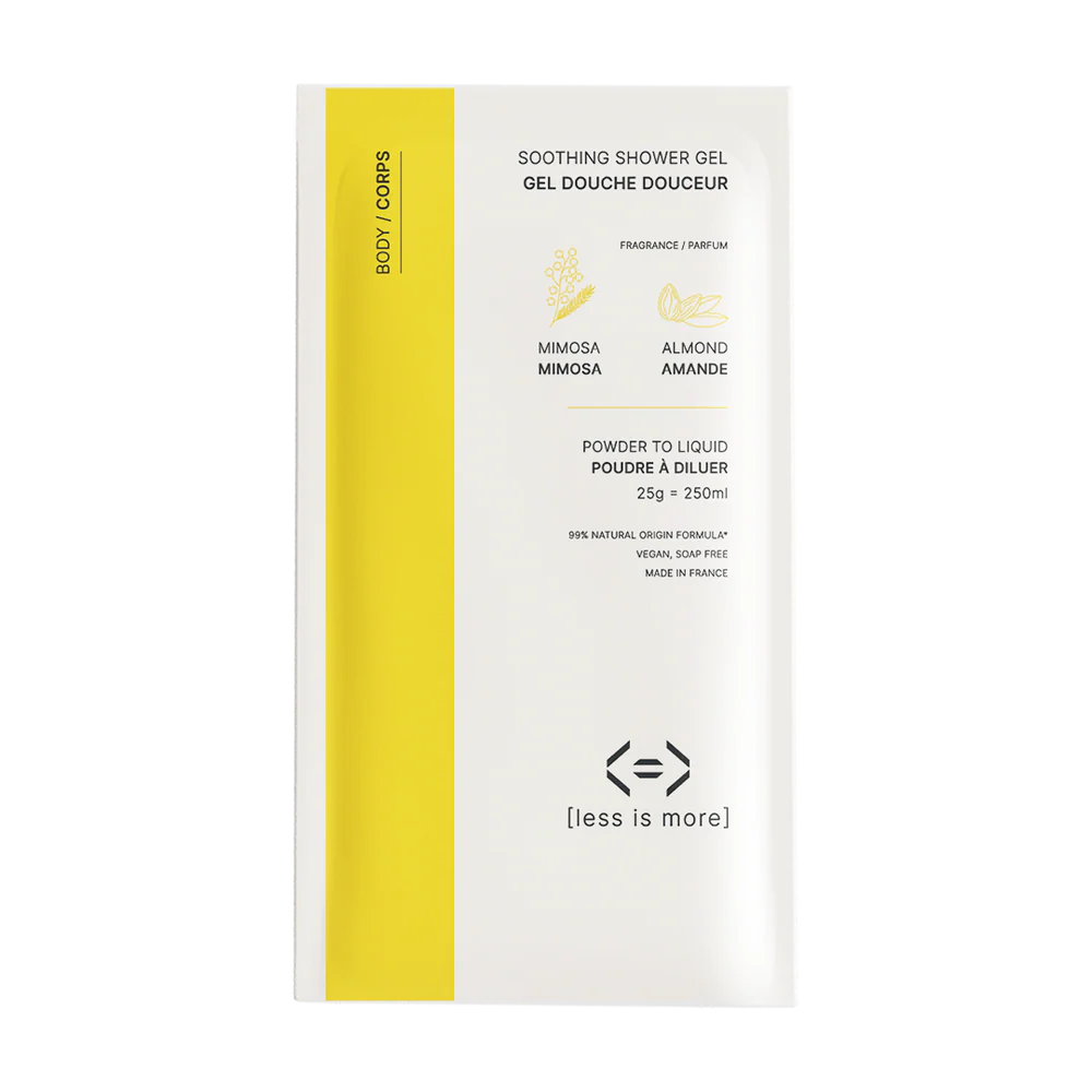 Gel douche douceur Less is More mimosa et amande, soin lavant rechargeable à diluer sélectionné par Inura.