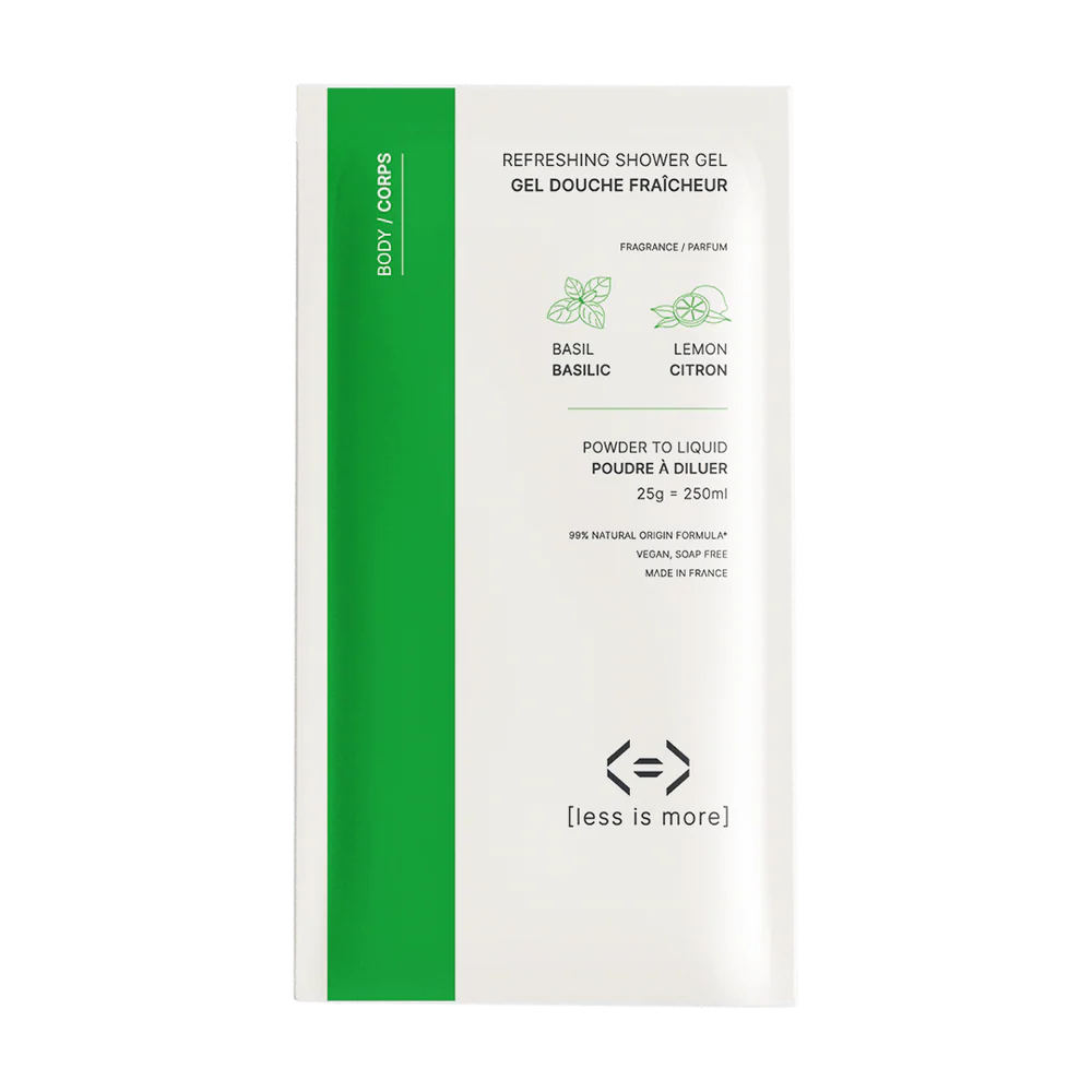 Gel douche fraîcheur Less is More basilic et citron, soin lavant rechargeable à diluer sélectionné par Inura.