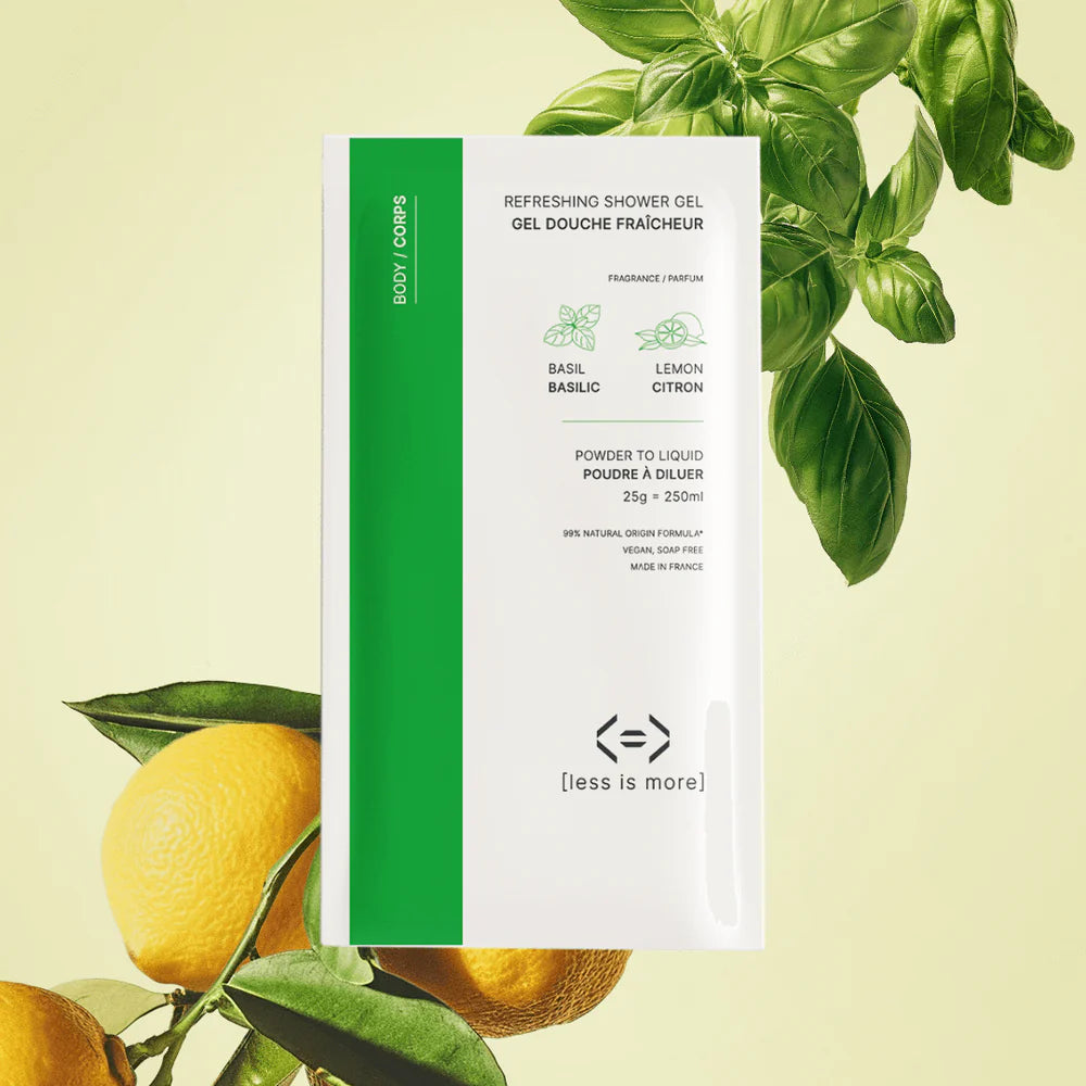 Recharge de gel douche Less is More au basilic et citron, formule en poudre pour une douche fraîche et aromatique.