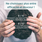 Visuel comparatif du shampooing antipelliculaire Less is More, formulé pour nettoyer le cuir chevelu sans l’agresser.
