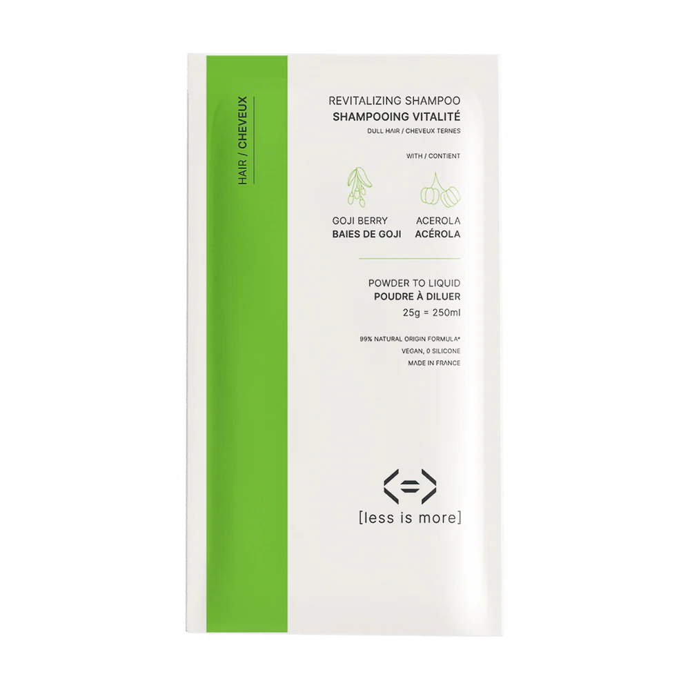 Shampooing vitalité Less is More baie de goji et acérola, soin lavant rechargeable pour cheveux ternes sélectionné par Inura.