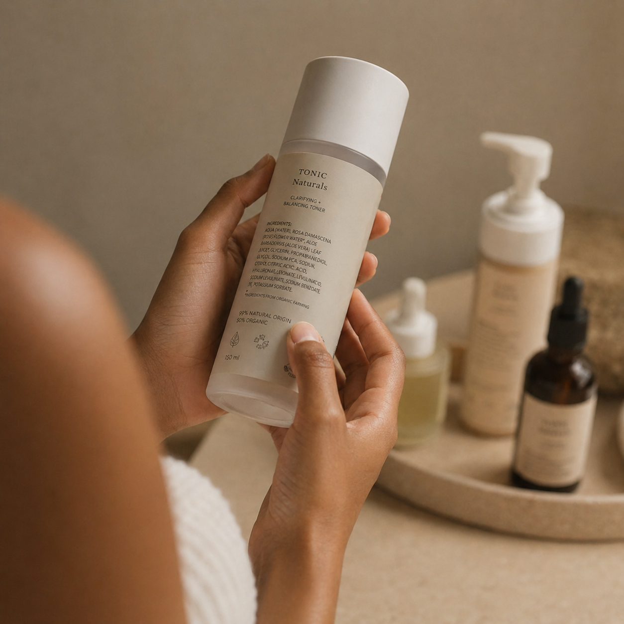 Main tenant un flacon cosmétique et lisant la liste d’ingrédients INCI dans un environnement minimaliste