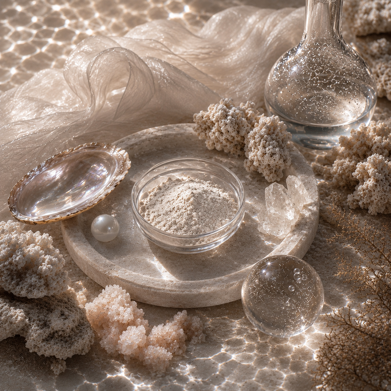 Composition éditoriale beige nacré autour des minéraux marins et oligo-éléments avec textures minérales, coquillages et lumière aquatique douce pour rituel hydratation Inura