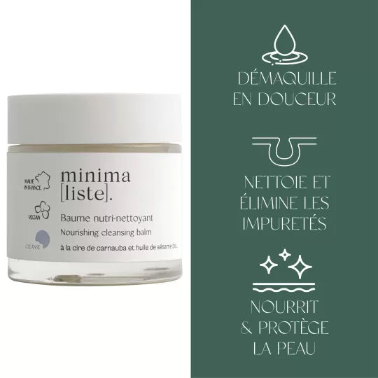 Bénéfices du Baume Nutri-Nettoyant Minimaliste, soin visage bio sans eau pour nettoyer, démaquiller et nourrir.